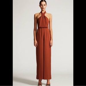 Shona Joy Core Knot Jumpsuit - Rust orange - gold zipper wedding USA 6